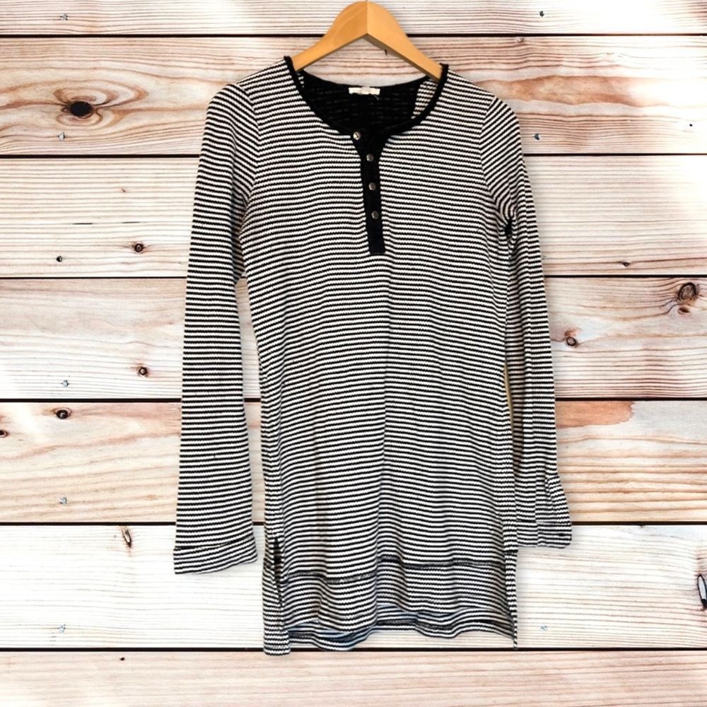 Mystree Black & White Striped Long Sleeve Henley Tunic
